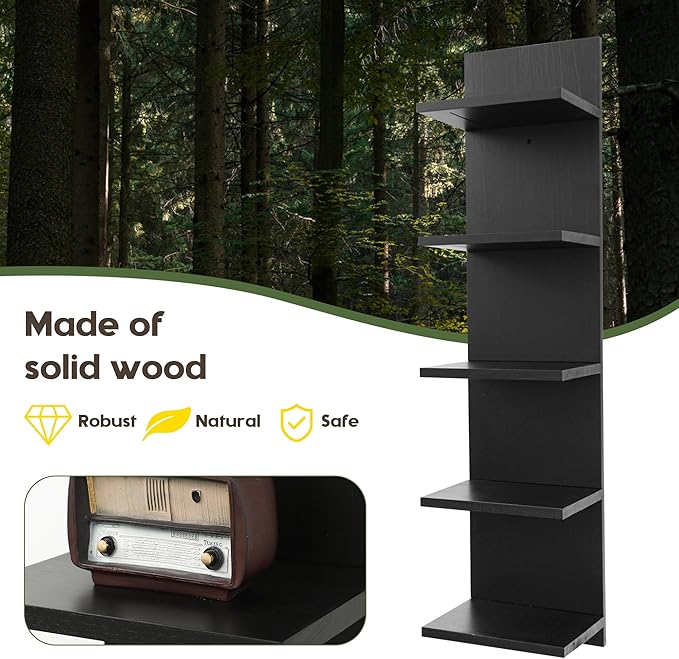 5 Tier Wall Shelf Unit,Vertical Column Shelf Floating Storage Home Decor Organizer,Display Floating Shelf for Bedroom, Living Room,Vanity -2 Pcs(Black)