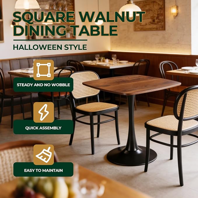 31.5" Walnut Tulip Table, Square Dining Table for 4, Mid Century Walnut Kitchen Table with Metal Pedestal for Cafe, Living Room, Small Space