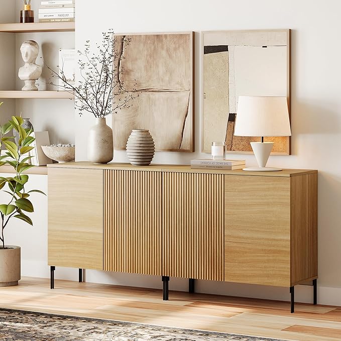 WAMPAT 63" Sideboard Buffet Cabinet with 4 Doors and Adjustable Shelves, Fluted Storage Cabinet, Modern Credenza Coffee Bar Wine Bar Table for Kitchen, Dining Room, Living Room,Oak