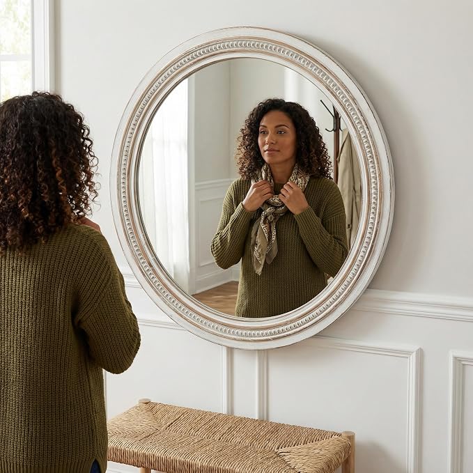 23.62'' Vintage Round Wall Mirror with Ornate Beaded Trim Frame & Pre-Installed Hanging, Decorative Mirror with Large Reflective Surface for Bathroom Bedroom Living Room, Natural