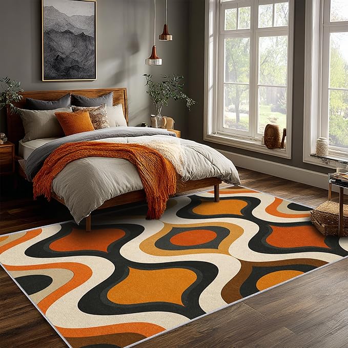 Retro Wave Area Rug 8x10, Mid-Century Modern Geometric Rug, Orange Brown Abstract Carpet for Living Room Bedroom, Soft Non-Slip Washable Rug