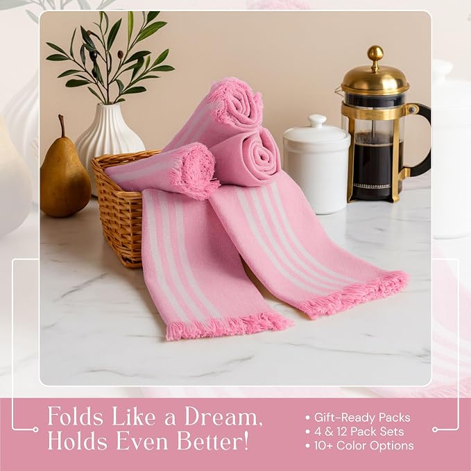Prewashed Stripe Tea Towels 4 Pack, 16x26 Inches, Dish Cloths for Cooking and Cleaning, Quick Dry Kitchen Rags, Reusable Hand Towels for Drying Dishes and Surfaces - Rose Pink