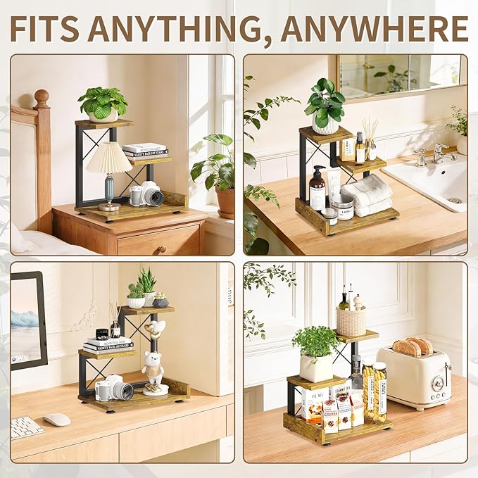 LASZOLA Indoor 3 Tier Table Top Corner Plant Stand, Heavy Duty Wood and Metal Succulents Shelf, Vertical Countertop Planter Display Rack Organizer for Office Kitchen, Desk Accessories, Rustic Brown