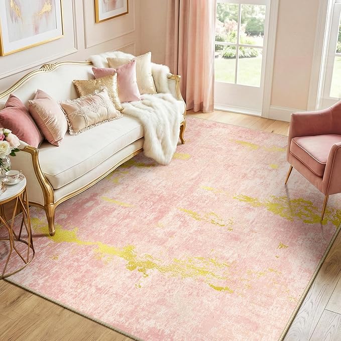 Washable Area Rugs 5'x7' Non-Slip Modern Abstract Soft for Living Room Entryway Bedroom Nursery, Print Pattern, Pink Gold/Golden