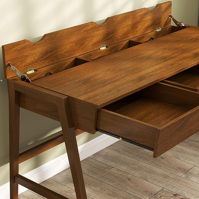 Wood Desk with Drawers Walnut Home Office Desk Mid Century Modern Writing Table for Bedroom Vanity Living Room Study Workstation