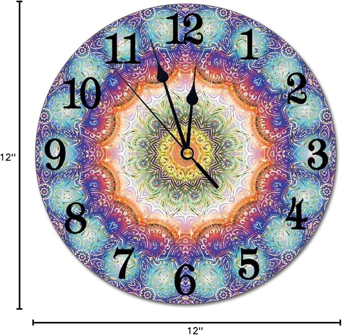 Mandala Wall Clock Battery Operated Silent Round Clock Peacock Feathers Wall Decor for Home Office School, 12 Inch