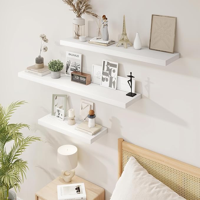32in Floating Shelves for Wall, 32"W x 9.25"D x 1.25"H, 2 Pack Long Wall Mounted Engineered Wood Shelves with Invisible Brackets for Living Room, Bedroom, Bathroom, Kitchen Decor and Storage, White