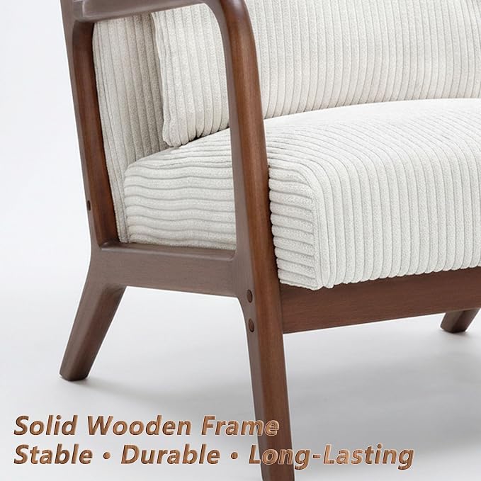 Mid Century Modern Accent Chair with Solid Rubberwood Frame, Comfy Corduroy Reading Armchair with Lumbar Pillow, Compact Lounge Chair for Bedroom, Living Room & Small Spaces