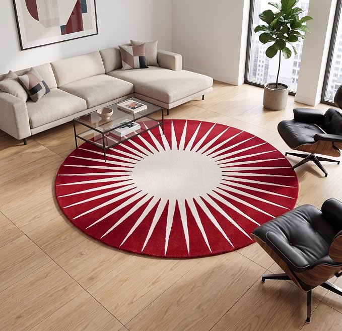 Restoration and Renovation Modern Round Area Rug – Hand-Tufted with 100% NZ Wool, Thick & Soft Circular Carpet for Living Room, Bedroom & Dining Room Decor (Red, 4' Round)