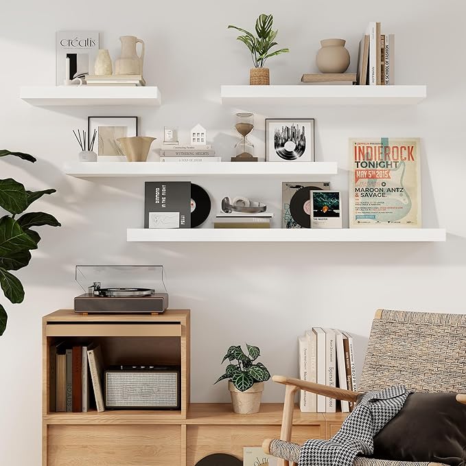 Fun Memories Floating Shelves, 9.3 Inch Deep Solid Pine Wood Wall Shelves for Storage, Rustic Wall Mounted Display Shelf with Invisible Heavy-Duty Metal Bracket, 48 Inch Width, White