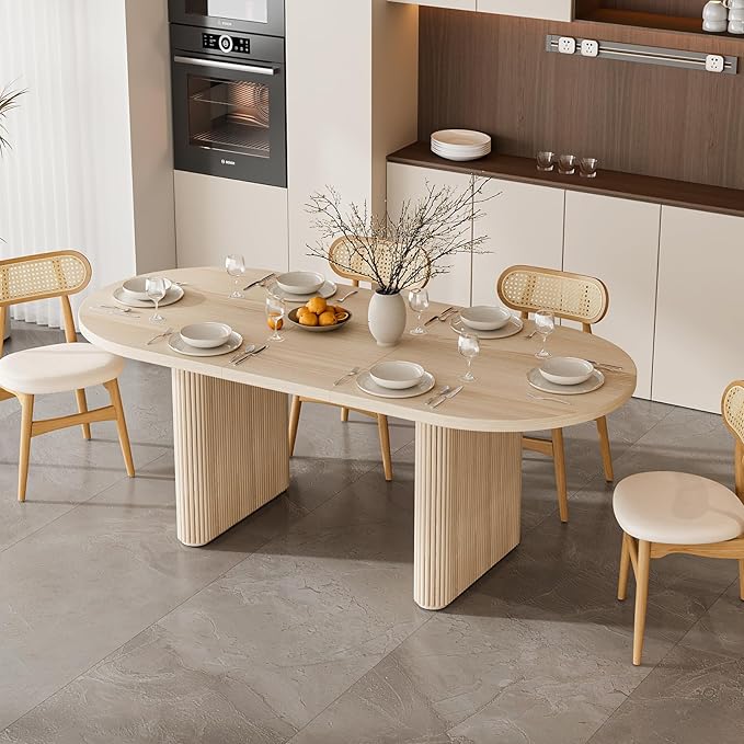 homary Oval Extendable Dining Table 63"–79", Japandi Wooden Kitchen & Dining Room Table for 4–6 with Pedestal Base (Table Only)