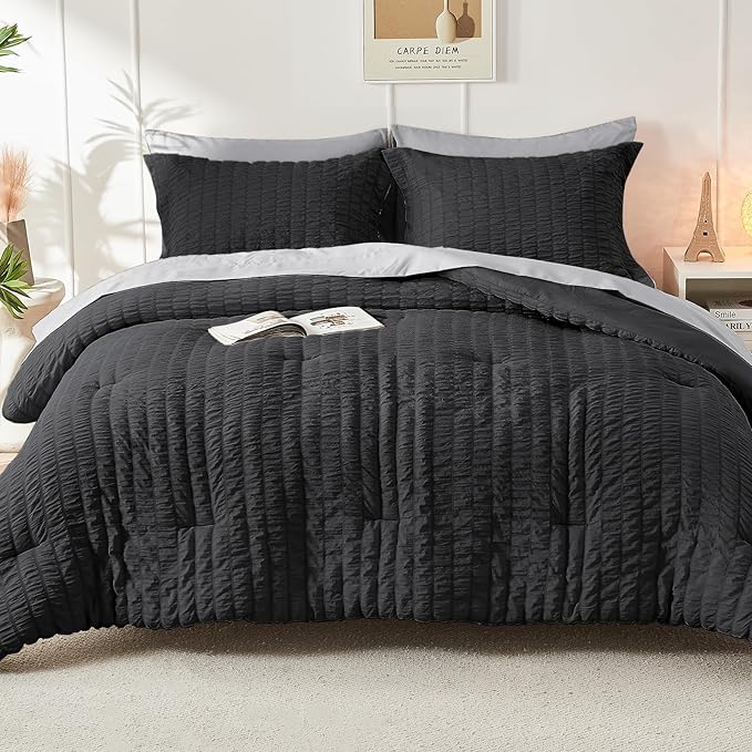 HYMOKEGE Black/Light Grey California King Comforter Set Seersucker 7 Pieces, All Season Luxury Bed in a Bag for Bedroom, Bedding Set with Comforter, Sheets, Pillowcases & Shams
