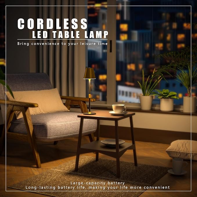 4-Pack Cordless Table Lamps - 5000mAh Rechargeable Battery Operated Desk Lamp, 3-Level Dimmable LED Night Light for Bedroom, Dining, Restaurant - Metal Design(Gold&Black 4PACK)