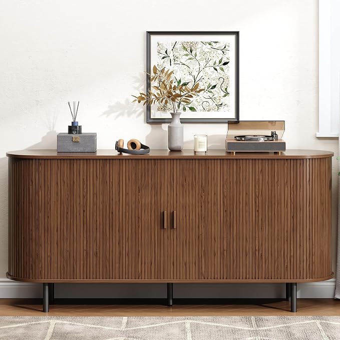 Buffet Cabinet with Storage, Fluted Sideboard Buffet with Sliding Door, Coffee Bar Cabinet with Adjustable Shelf, Console Table, Accent Table for Entryway, Kitchen (Walnut, 63 Inch)