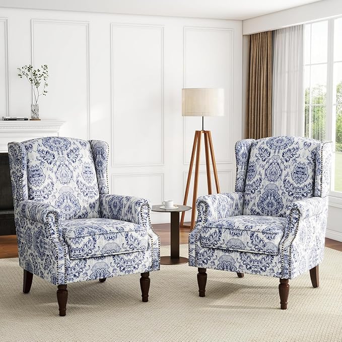 High Back Accent Chair, Fabric Upholstered Armchair for Living Room, Floral Wingback Chair with Retro Solid Wood Legs, Nailhead Trim Single Sofa Bedroom Reading Seat - Navy Blue