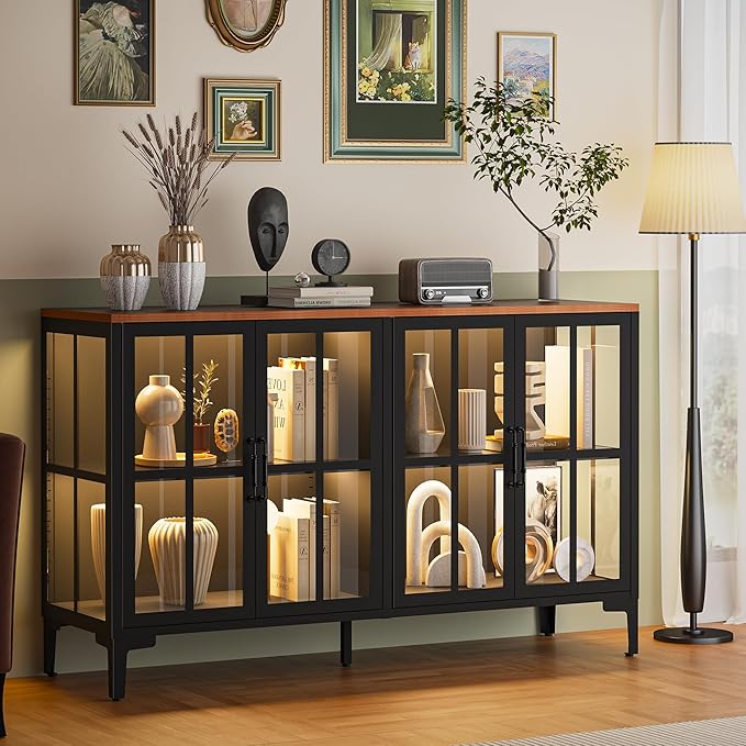 53" 3-Sided Glass Sideboard Buffet Cabinet with COB Lights, Adjustable Shelves, Modern Metal-Wood Buffet Table with Storage, Glass Display Cabinet for Coffee Bar Dining Room Kitchen, Black