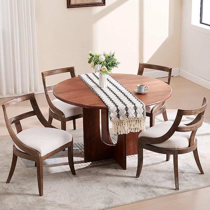 Modern Farmhouse Dining Chairs Set of 6 Mid Century Upholstered Dining Chair with Wooden Curved Back Kitchen Chairs for Dining Room Restaurant Cafe, Brown Walnut Colored-Linen Beige