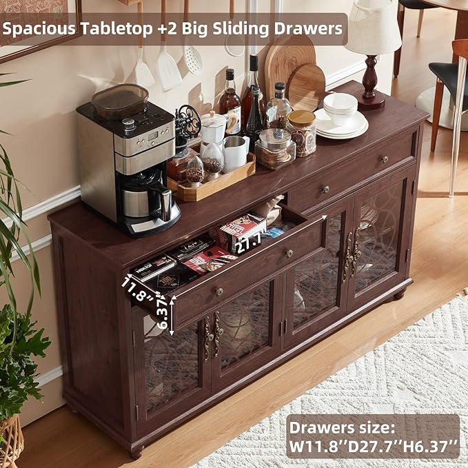 Farmhouse Sideboard Buffet Cabinet Set of 2 with Storage,59" Large Credenza with 4 Glass Door & 2 Drawers,Adjustable Shelves Console Table,Wood Kitchen Coffee Bar for Dining Room,Walnut