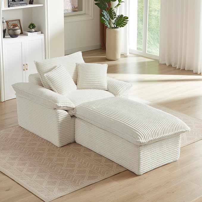 52" Boneless Chaise Lounge – Oversized Chaise Lounge Chair Indoor with Ottoman, Cup Holder & 3 Pillows, Corduroy 3-in-1 Floor Sleeper Chair Bed for Adults, Reading, Napping,White