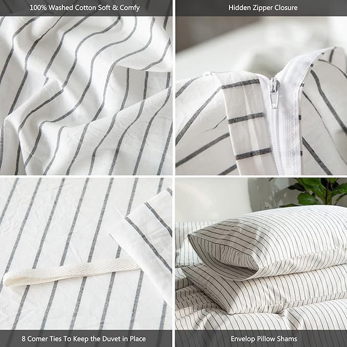MooMee Striped Duvet Cover Set 100% Washed Cotton Linen Like Textured Breathable Durable Soft Comfy (White Dark Grey Wide Stripes, Super King Plus 120"x120")