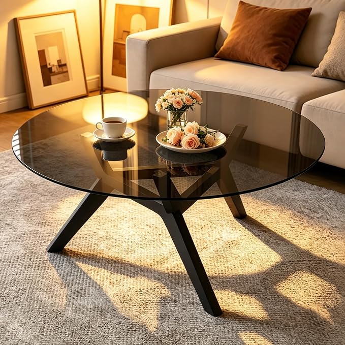 Glass Coffee Table - Round Coffee Table with Clear Tempered Glass Top, Modern Low Minimalist Center Table, Sturdy Solid Wood Coffee Table for Living Room Home Office, Black