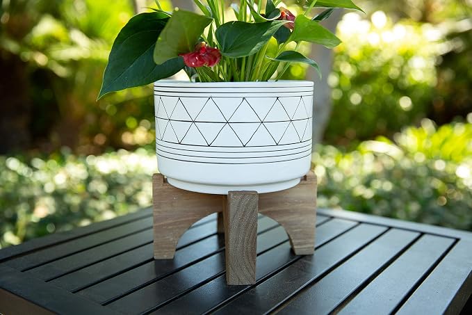 Flora Bunda 7 Inch White Black Line GEO Ceramic ON Stand Mid Century,7" White/Black Line