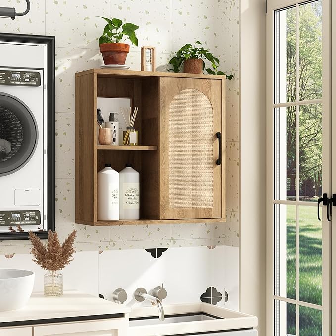 RUSTOWN Boho Rattan Wall Cabinet, Midcentury Bathroom Cabinet with Sliding Door, Adjustable Shelves, Over The Toilet Storage Cabinet (Rustic Oak)