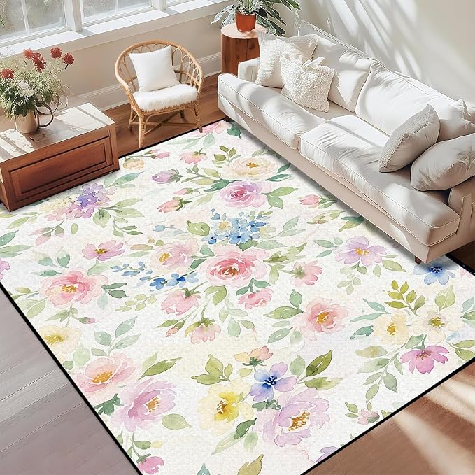 Watercolor Floral Rug 6'x9' Soft Pastel Botanical Area Rug for Entryway Bedroom Living Room Nursery Kitchen Playroom Home Decor Low Pile Non-Slip Washable Carpet