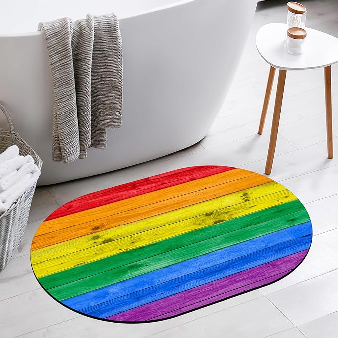 Oval Bath Mat Colorful Rainbow Wood Wall Diatomaceous Mud Mats with Rubber Backing Ultra Soft Washable 23.6"×15.7" Quick Dry Thin Bath Rugs for Bathroom Floor Bathtub Vanity Easy Care