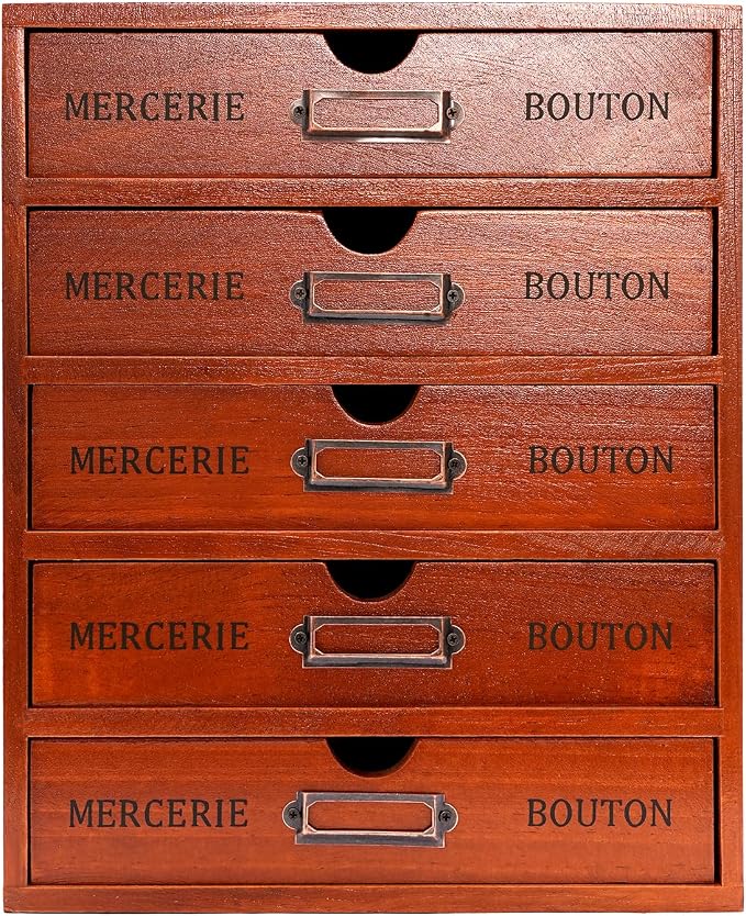 Vintage Wooden Drawers Organizer, 16-Drawer Desktop Storage Box With Drawers, Iron Label Holders, Apothecary Cabinet For Countertop Tea Coffee Pod Storage(5-Drawer/Brown)