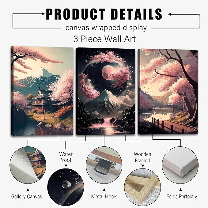 3Pcs Japanese Canvas Wall Art Cherry Blossom Lake Landscape Wall Decor Pictures Japan Mount Fuji Art Posters Prints for Living Room Bedroom Home Decoration Ready to hang
