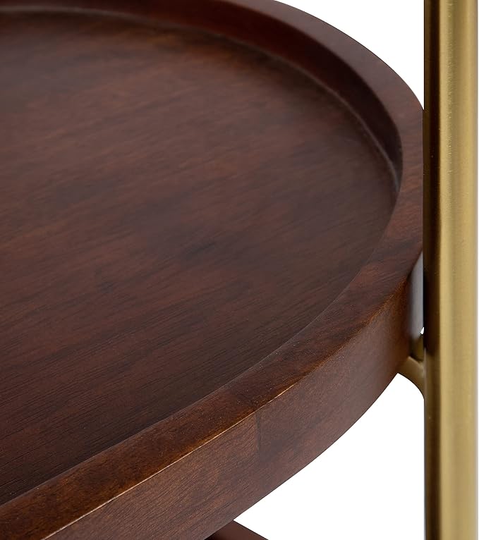 Kate and Laurel Maxfield Midcentury Modern Rolling Bar Cart, 26 x 13 x 36, Walnut and Gold, Decorative Glamorous Wood and Mirrored Kitchen Storage Cart with Wheels