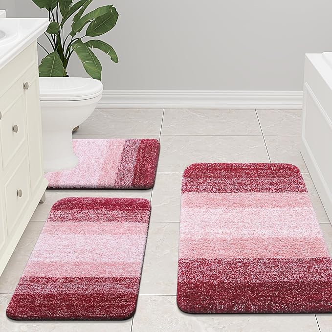 Arotive Microfiber Bathroom Rugs, Shaggy Soft and Absorbent Contour Toilet Rugs, Non-Slip, Thick Plush Machine Washable Dry Bath Mats for Toilet Base, 24x20, Burgundy, U-Shape