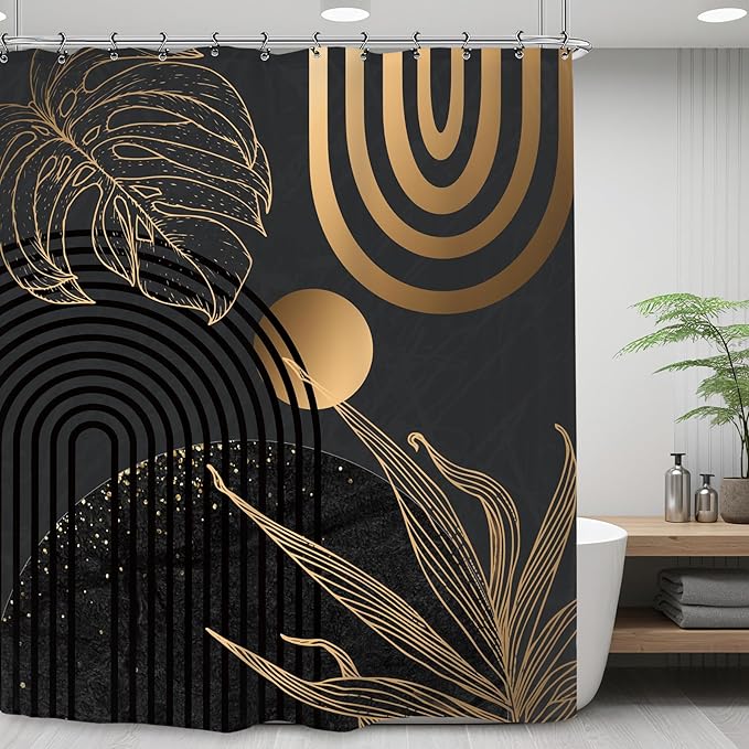 Yookeb Abstract Black Gold Minimalist Bathroom Shower Curtain 60W by 71H Inch Aesthetic Modern Contemporary Leaves Mid Century Neutral 12 Plastic Hooks Waterproof Decor