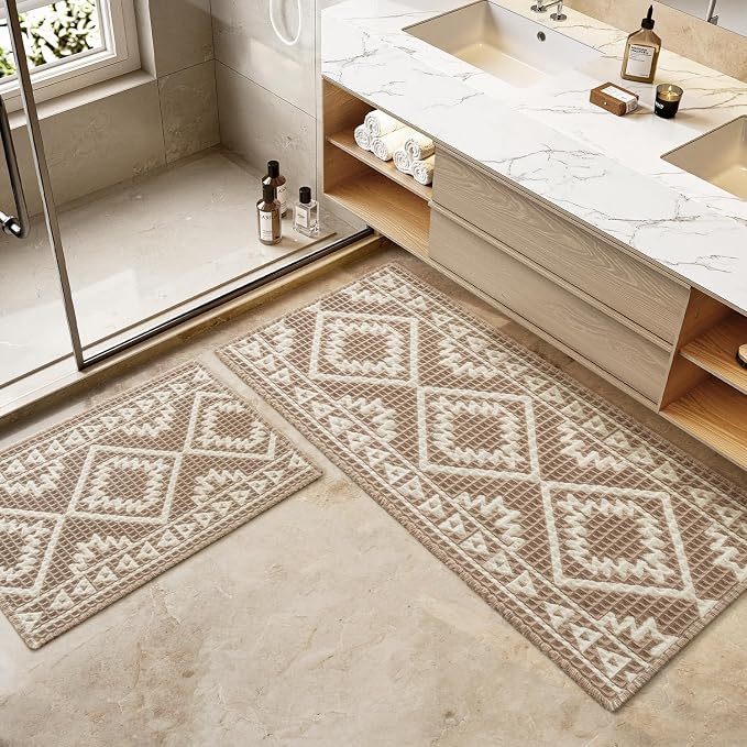 PADOOR-Waffle Bath Mat-Super Absorbent Bath Mats for Bathroom, Machine Washable Non Slip Bathroom Rug with Tassels, Soft Bathroom Mat for Laundry Room, Bedroom, Brown & Cream, 17"x28"