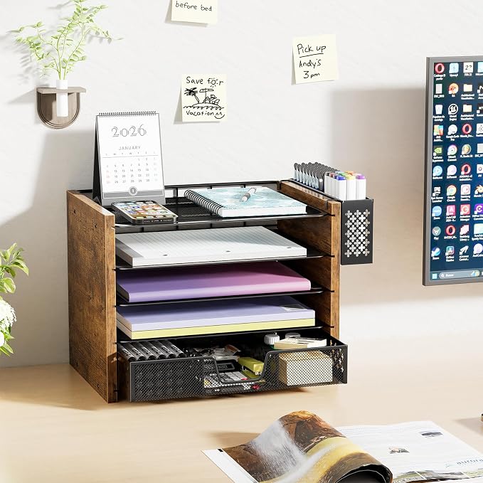 Simple Trending 5-Tier Paper Organizer Letter Tray, Wood Desk Organizers and Accessories with Drawer & Pen Holder for Home Office School