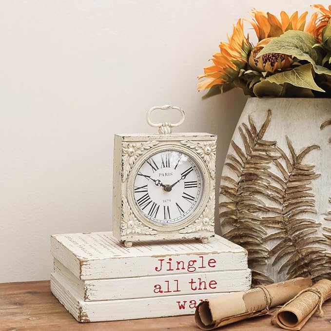 NIKKY HOME Small Table Clock with Handle, Silent Non-Ticking Shelf Desk Top Clock Battery Operated Vintage Rustic Design, Chic Home Decor for Fireplace Mantel, Desktop, Countertop, Distressed White