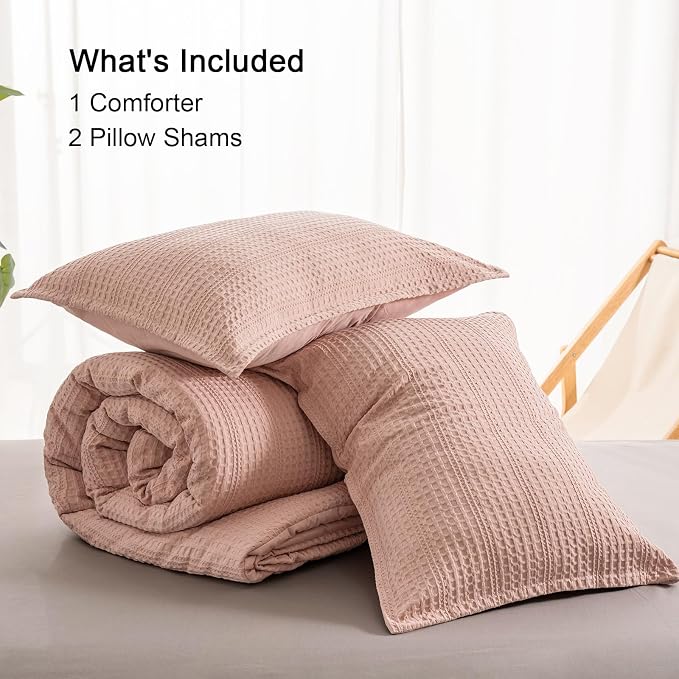 PHF Soft Waffle Comforter Set King Size- Comfy Breathable Waffle Weave Comforter with 2 Pillow Shams, 3 Pieces Less Snagging Lightweight Textured Bedding Set for All Season, Rose Pink