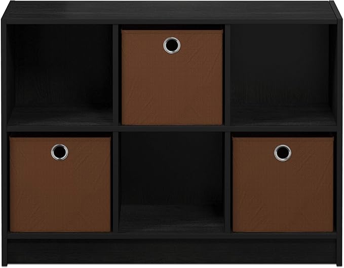 Furinno BASIC Book Shelf, 6-Cube Bookshelf with Open Shelf, 3 x 2 Bookcase with Storage Bins, Closed Back, Horizontal, 11.9 x 31.6 x 23.6, for Living Room, Bedroom, Home Office, Americano