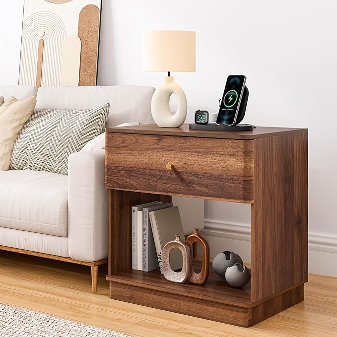 Narrow Nightstand Set of 2, Wooden Small 2 Drawer Nightstand, Slim Side End Table, Skinny Bedside Table, Mid Century Modern Night Stand with Drawers, for Living Room (Walnut-Charging Station-2 pcs)