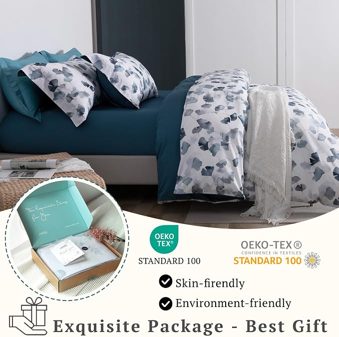 MILDLY Floral Duvet Cover Set - 100% Long-Staple Cotton Navy Ginkgo Leaf Pattern Printed Comforter Cover 3pcs Soft Breathable Luxury Bedding for All Season