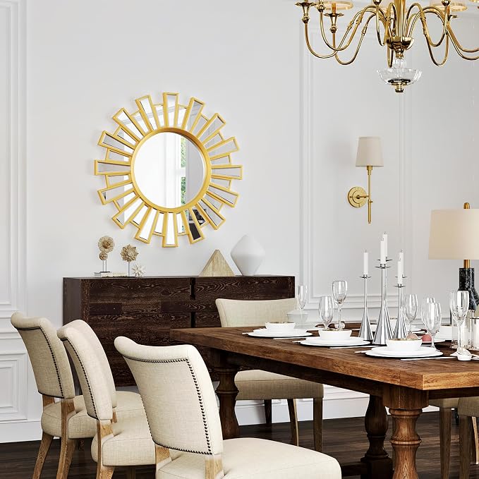 Gold Sunburst Mirror, 24" Large Starburst Mirror,Wall Mirrors Decor for Living Room, Bedroom, Fireplace,Hallway,Entryway