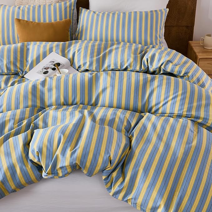 Merryword 100% Cotton Duvet Cover Set Queen Size, Blue & Yellow Striped Bedding Set with Zipper Closure and 8 Corner Ties, Modern Coastal Style Comforter Cover Set 3 Pieces