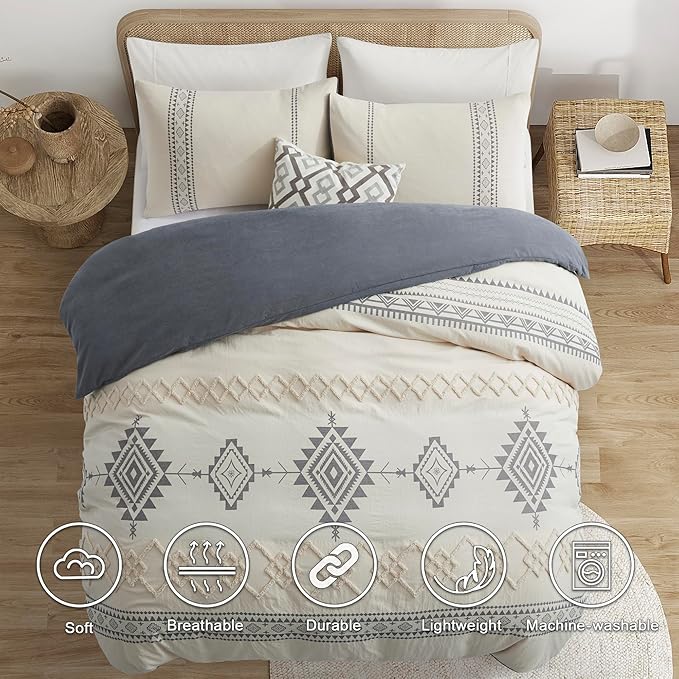 Oli Anderson Boho Duvet Cover Set Twin Size, Beige and Gray Color Clash 2 Pieces Microfiber Bedding Set, Durable and Super Soft Duvet Covers with Zipper and Ties, 68"*90"