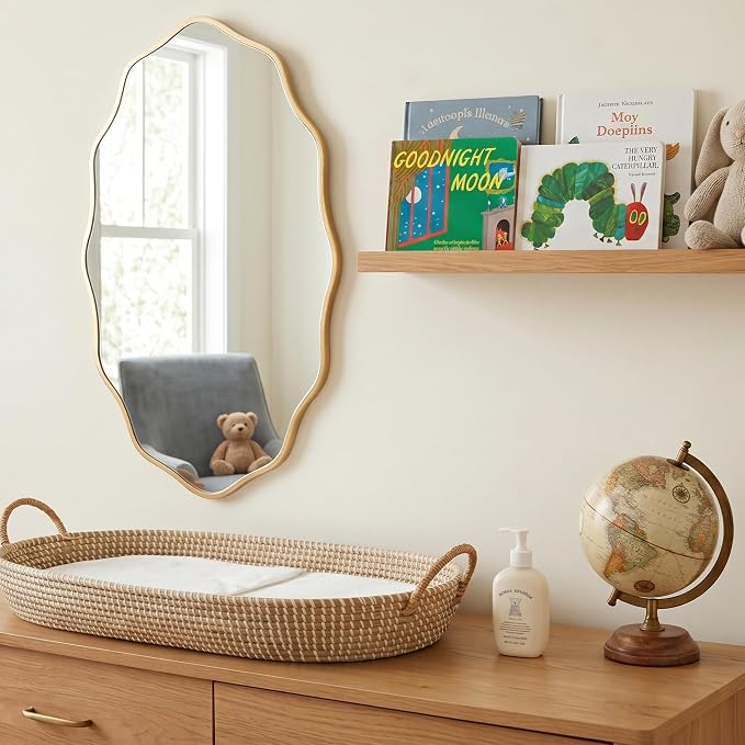 PERFNIQUE Gold Scalloped Mirror, 30''L×18''W Oval Wavy Wood Framed Mirror for Wall Decor, Hanging Leaning for Bathroom, Nursery, Entryway, Vanity, Living Room