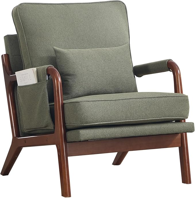 ANJ Mid Century Modern Accent Chair, Lounge Reading Armchair with Extra Side Pocket & Detachable Cushion, Comfy Fabric Accent Chairs for Living Room, Bedroom,Green