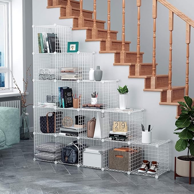 HUBSON Wire Cube Storage Organizer, Book/Toy/Craft/Potted Plants and petCloset Organizers and Storage Shelves, 6-Cube Freely Combinable Metal Grids Storage Shelf, White Iron
