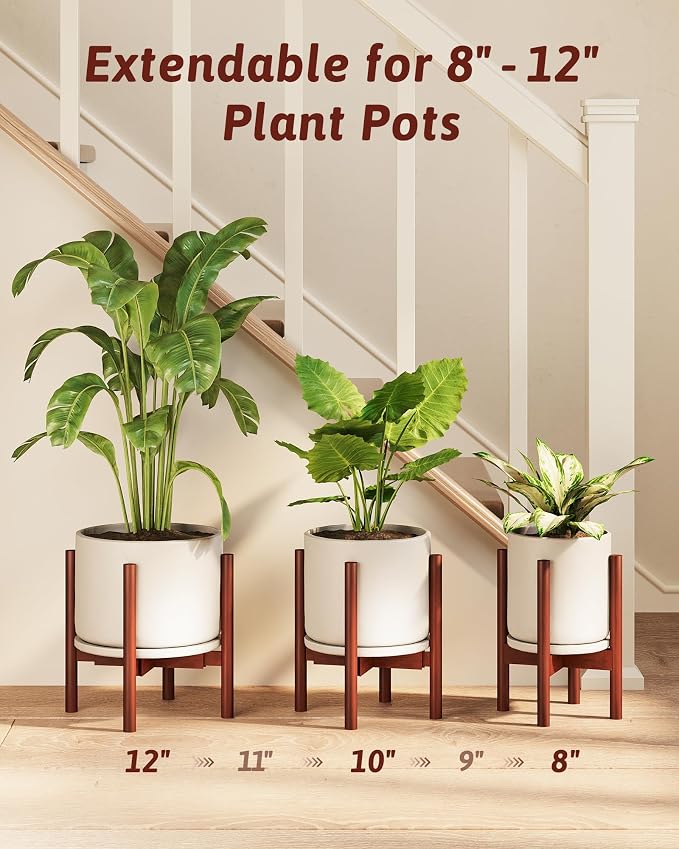 GENTINGBRO Adjustable Plant Stand Indoor, Bamboo Plant Stand Fits 8 9 10 11 12 Inches, Small Corner Planter Holder for Indoor Plants, Single Floor Plant Stands for Living Room Balcony, Reddish Brown