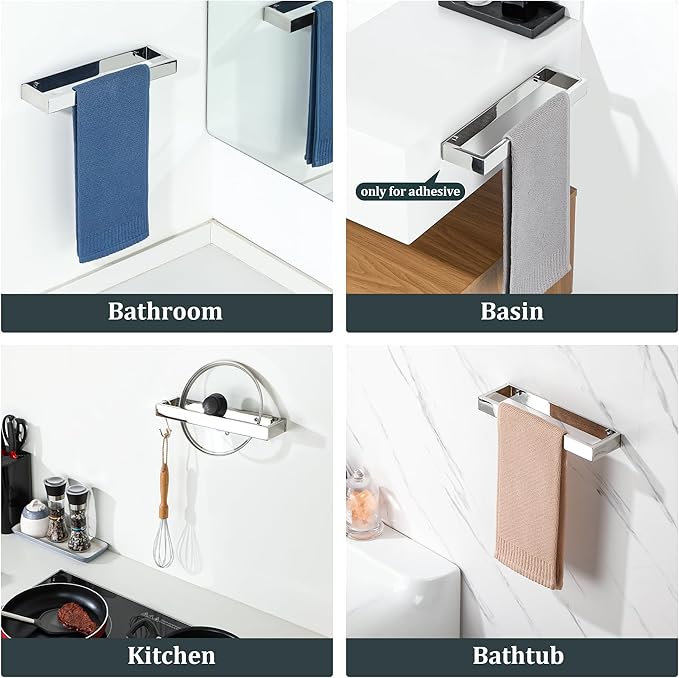 Sayayo Chrome Towel Bar for Bathroom, 12 Inch Hand Towel Holder Wall Mount, Screw or Self Adhesive Towel Ring Square SUS304 Stainless Steel, 3.2 Inch Wide