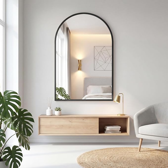 Arched Black Bathroom Mirrors for Wall, 26x38-Inch Bathroom Mirror for Over Sink, Wall Vanity Mirror with Matte Metal Frame and HD Shatter-Proof Glass for Entryway, Living Room, Bedroom
